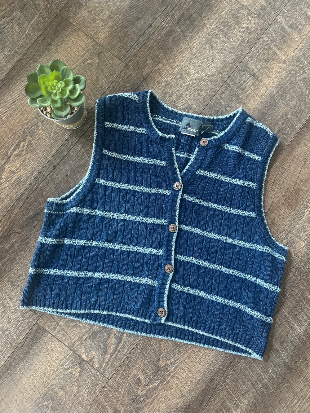 Lizwear Vintage Denim Blue Cable-Knit Button Vest with Cream Trim